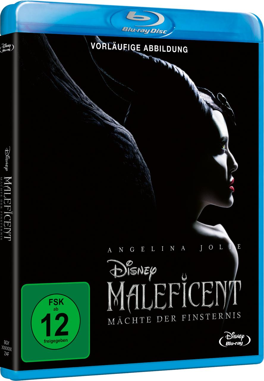 Blu-ray von Maleficent, mit Angelina Jolies Gesicht und dem Titel. Dunkelblauer Hintergrund.