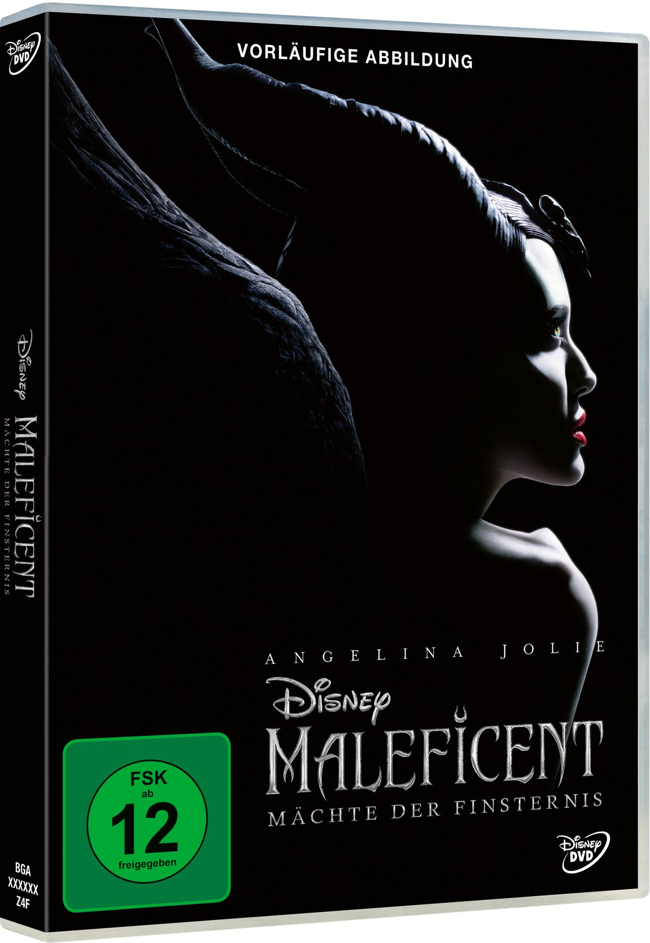 Maleficent DVD-Cover. Angelina Jolie als Maleficent mit dunklen Flügeln auf schwarzem Hintergrund.