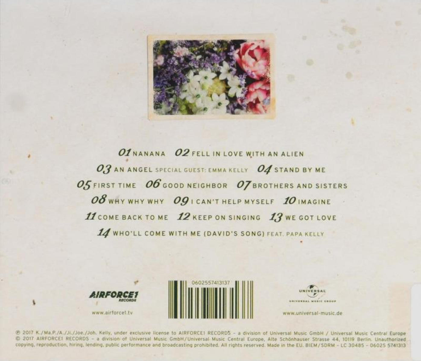 CD tok hátulja dalcímekkel és virágképpel. Látható az Universal Music Group logója.