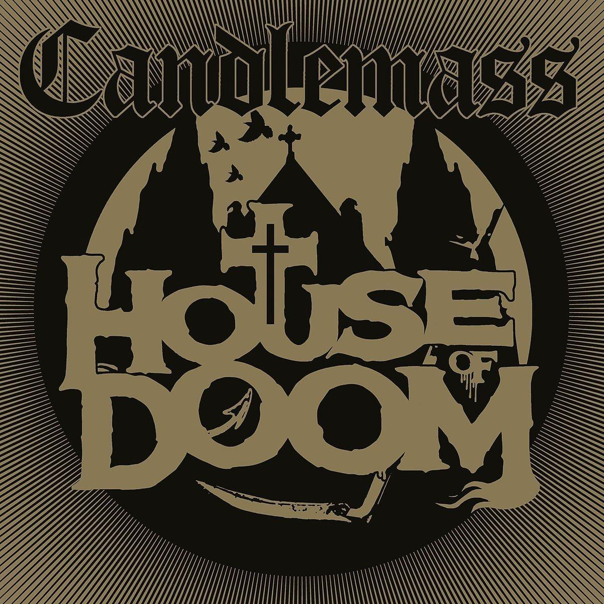 Candlemass House of Doom logó. Fekete-arany dizájn templommal, kereszttel, madarakkal és stilizált szöveggel körben.