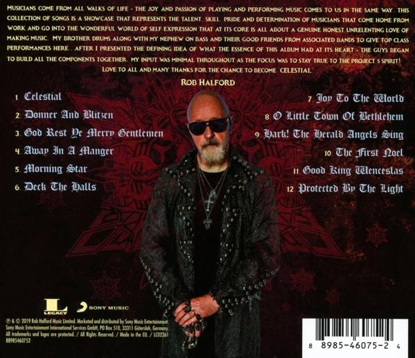 Achterkant van een Rob Halford CD-hoesje, met een man met zonnebril en een lijst met titels.