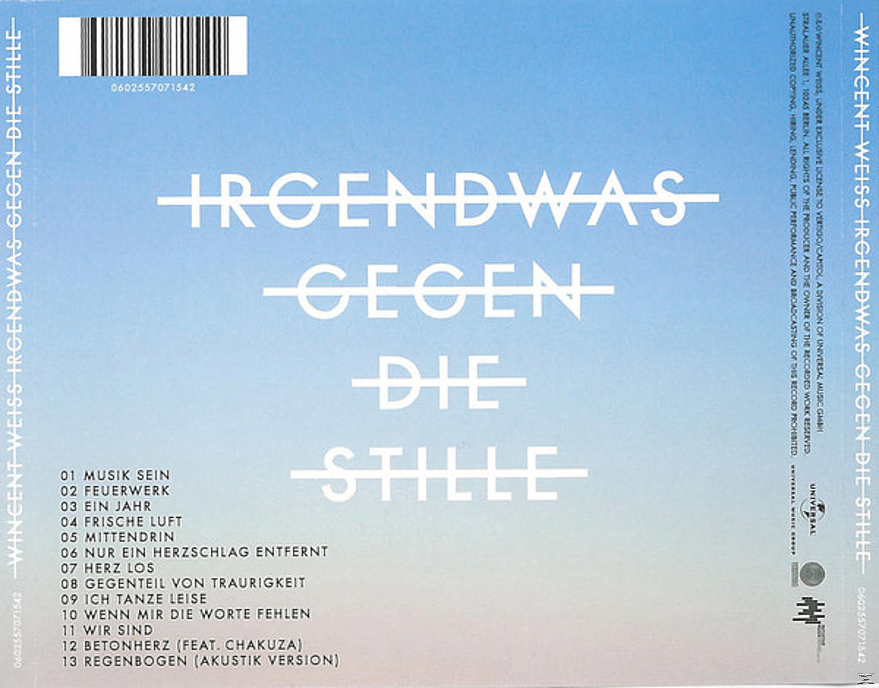 Die Rückseite einer CD mit weißem Text auf blauem Hintergrund. Songtitel sind aufgelistet.