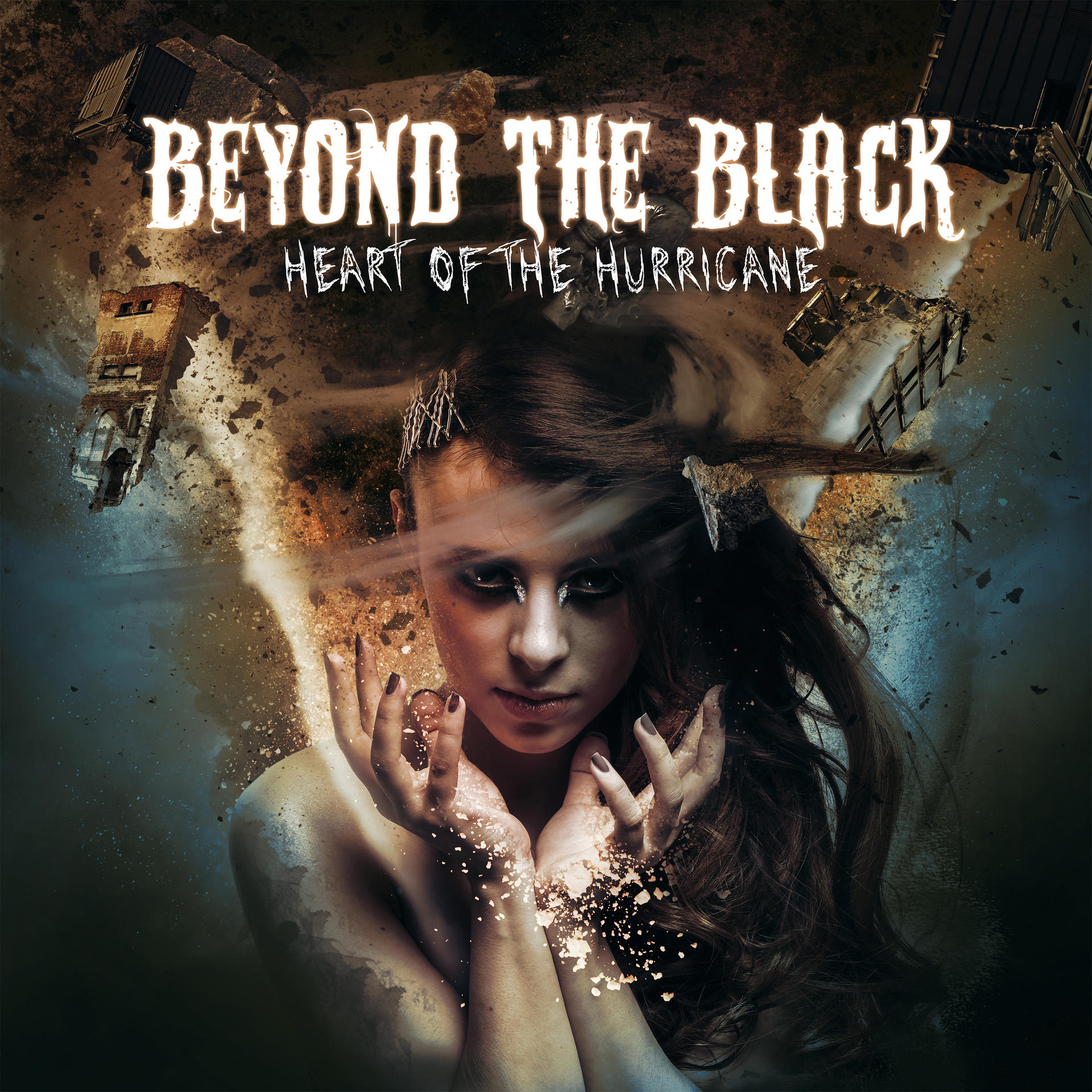 Albumcover mit einer Frau vor zerstörtem Hintergrund, mit dem Titel 'Beyond the Black'.