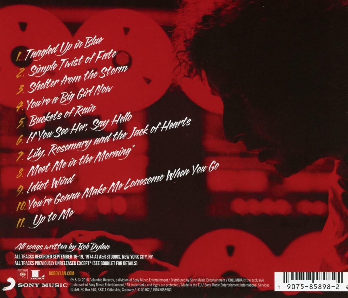 Rückseite eines Bob Dylan Albums mit Songtiteln in weißem Text auf rotem Hintergrund.