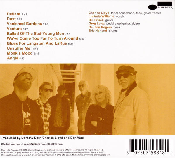 Achterkant van een cd met meerdere mensen en tekst, op een lichtgele achtergrond.