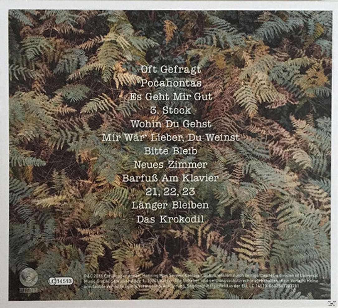 Rückseite einer CD mit deutschen Titeln, umgeben von Farnblättern.