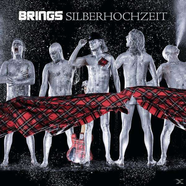 Albumcover mit fünf Männern, die mit Silberfarbe bedeckt sind und ein rot-schwarz kariertes Tuch halten.