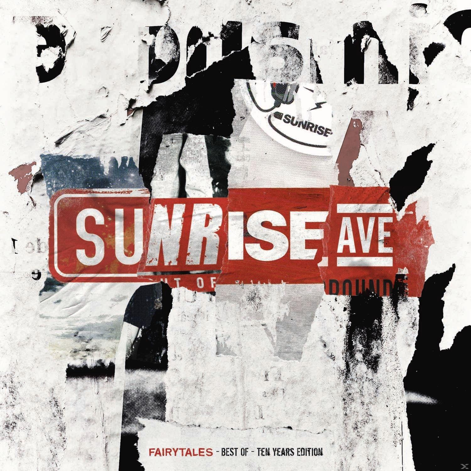 Albumcover mit zerknittertem Papiereffekt. Rotes Schild mit 'SUNRISE AVE' vor weißem Hintergrund. Text 'FAIRYTALES - BEST OF - TEN YEARS EDITION'.