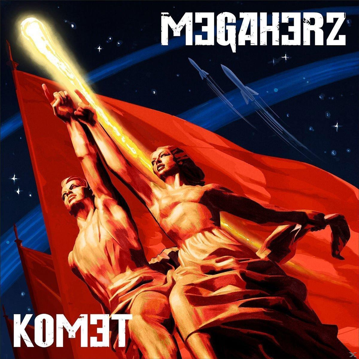 Albumcover mit rotem Hintergrund. Zwei statuenhafte Figuren greifen nach einem Lichtstrahl.