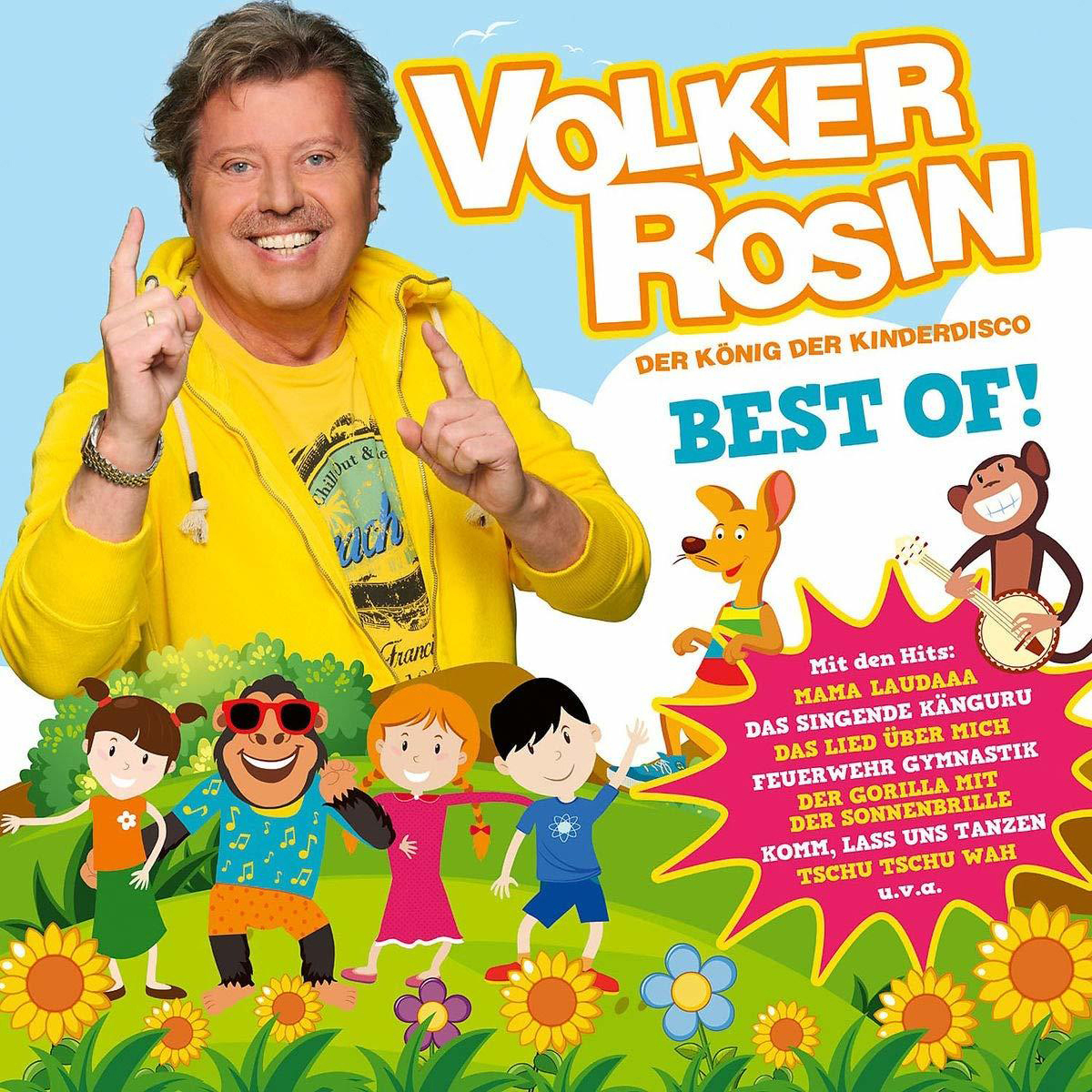 Albumcover mit lächelndem Mann, Cartoonfiguren und Text 'Volker Rosin'.