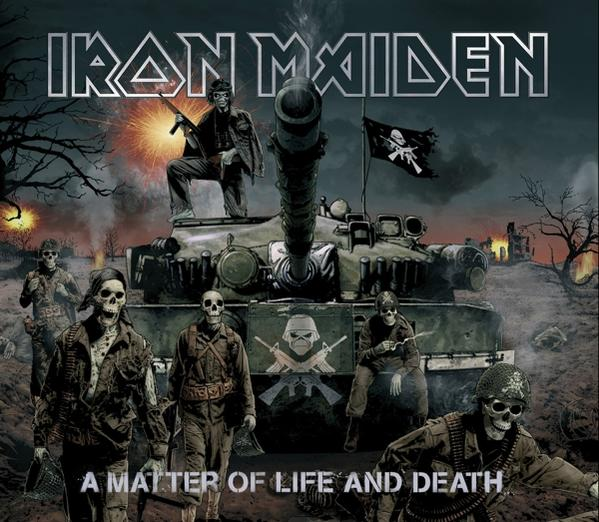 Iron Maiden album borító. Háborús jelenet csontvázakkal és egy tankkal.