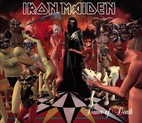 Album borító, Iron Maiden, maszkos figurák, kaszás, sakktáblán figurák, piros háttér.