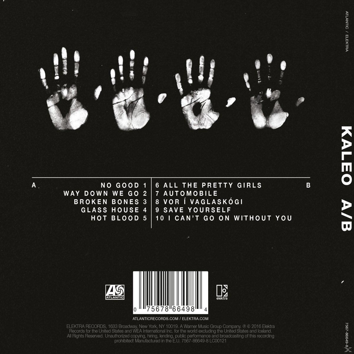 Kaleo A/B album hátlapja. Dalsorozatot és kézlenyomat művészetet tartalmaz.