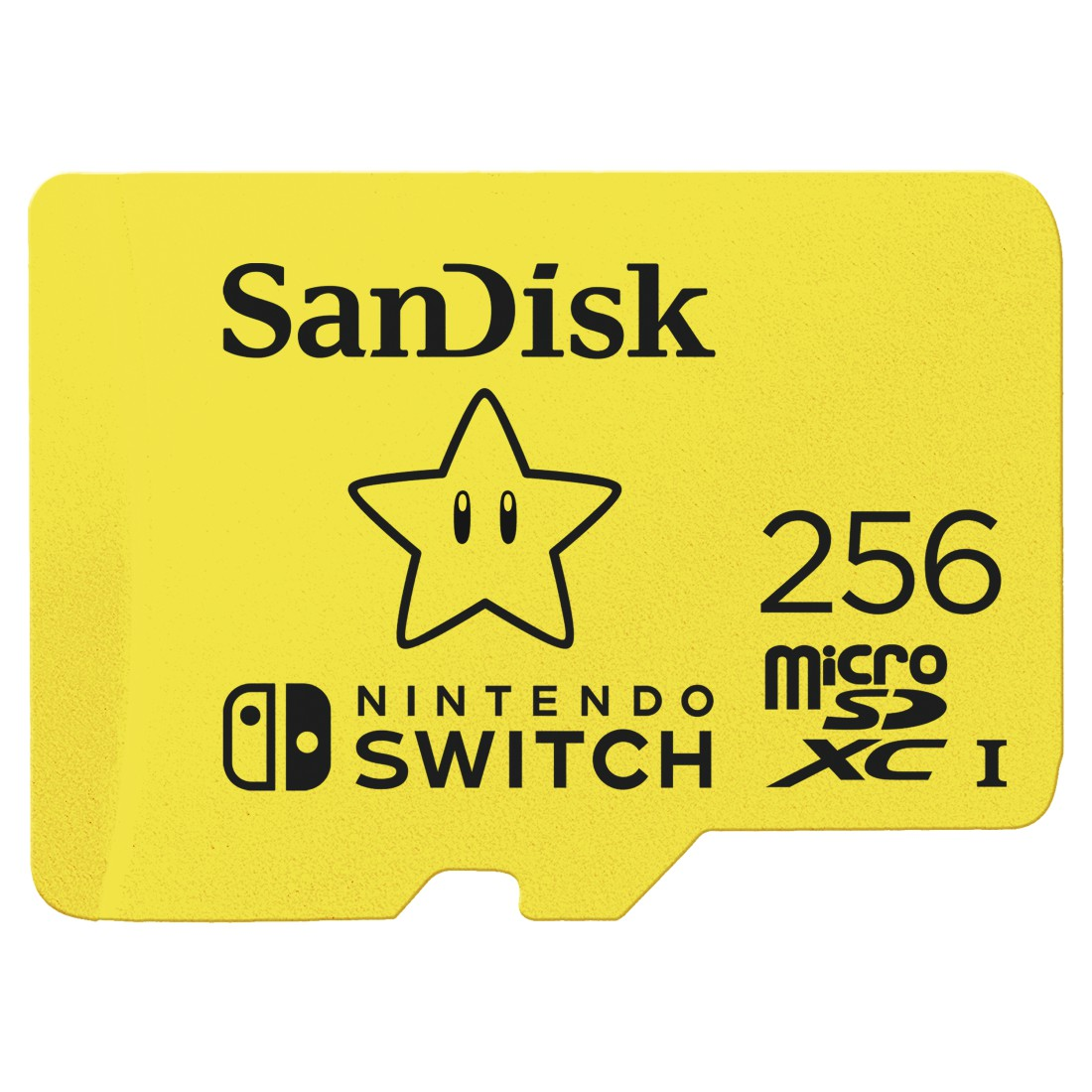 Eine gelbe SanDisk Nintendo Switch Micro SD-Karte mit Logo und Text darauf.