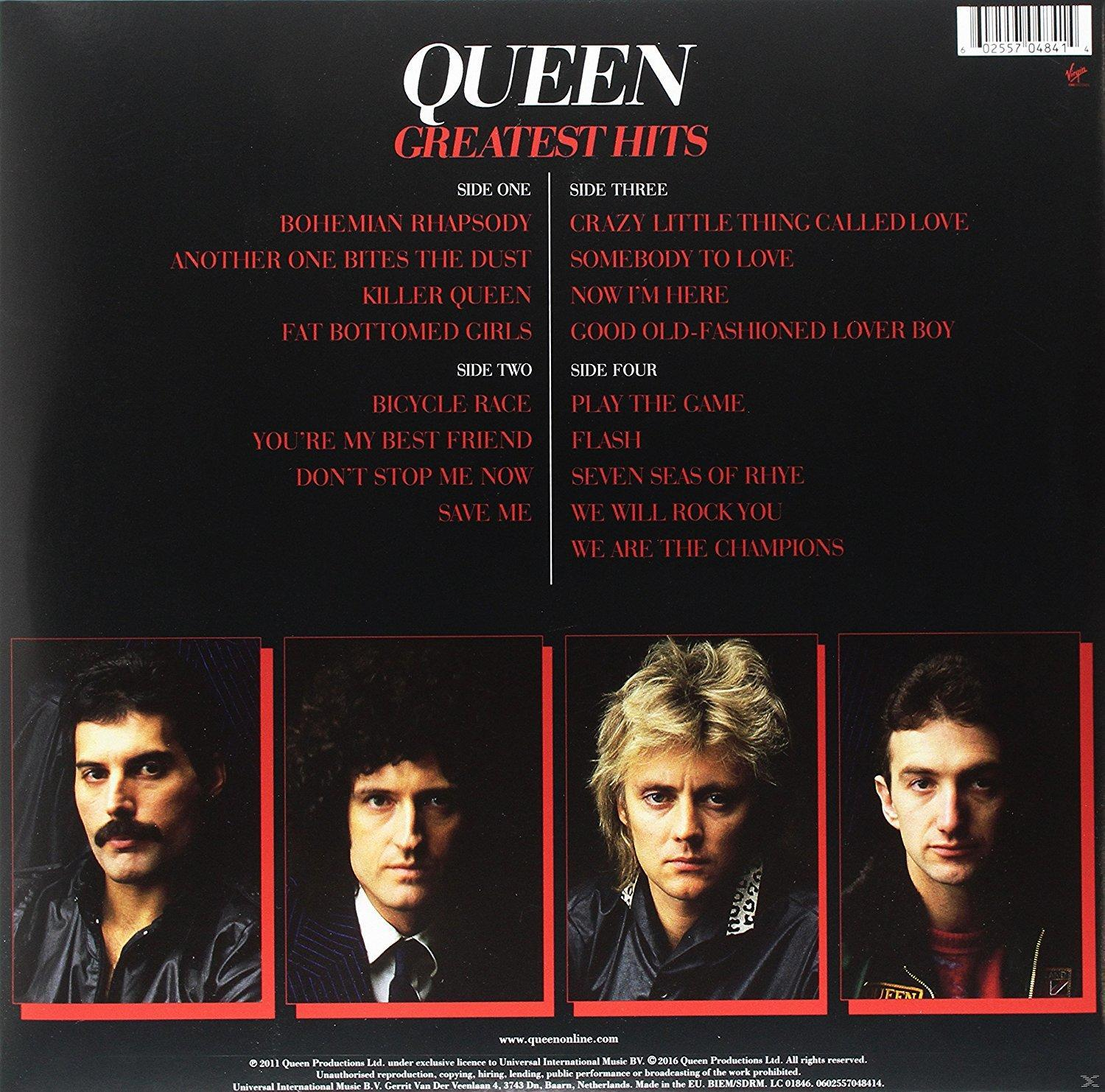 Pochette de l'album Greatest Hits de Queen avec des photos des membres du groupe et des titres de chansons.