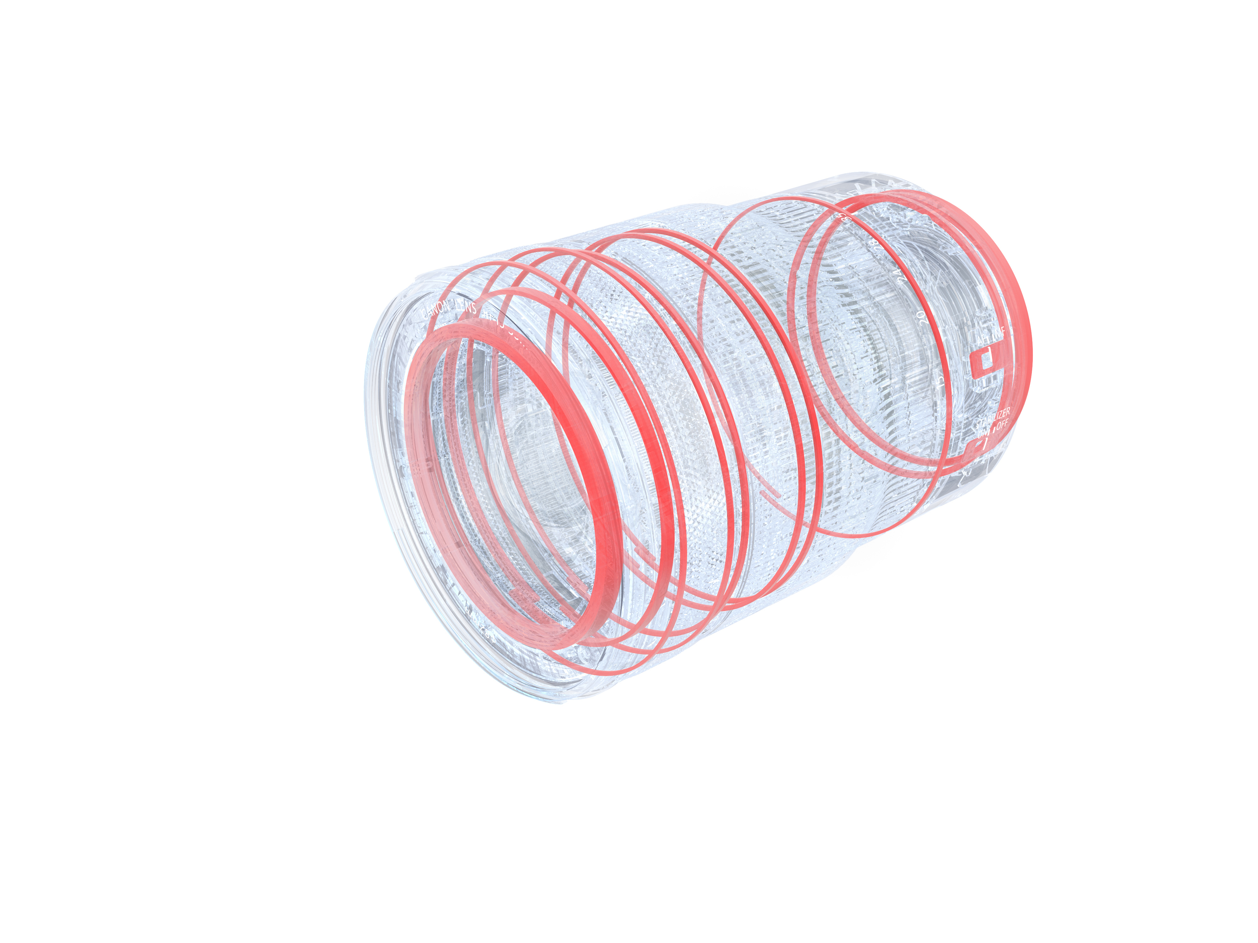 Eine transparente Plastikröhre mit roten Ringen im Inneren, auf weißem Grund.