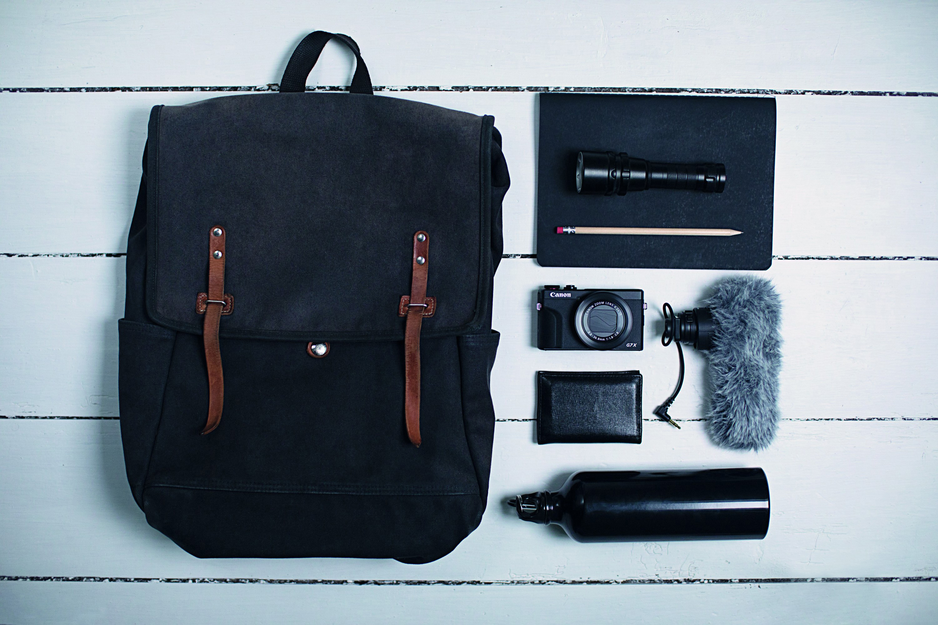 Schwarzer Rucksack, Notizbuch, Stift, Kamera, Geldbörse, Wasserflasche und Mikrofon auf weißer Holzoberfläche.