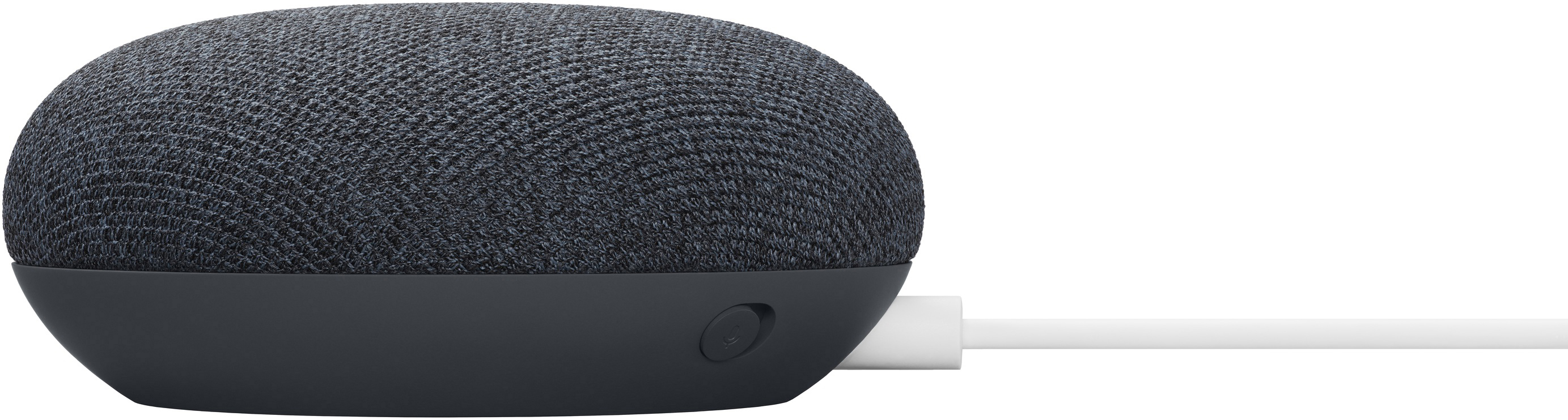 Dunkelgrauer Google Nest Mini-Lautsprecher mit weißem Kabel.