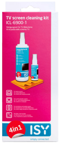 Een reinigingsset voor tv-schermen. Bevat twee flessen, een doek en tekst in meerdere talen. Roze achtergrond.