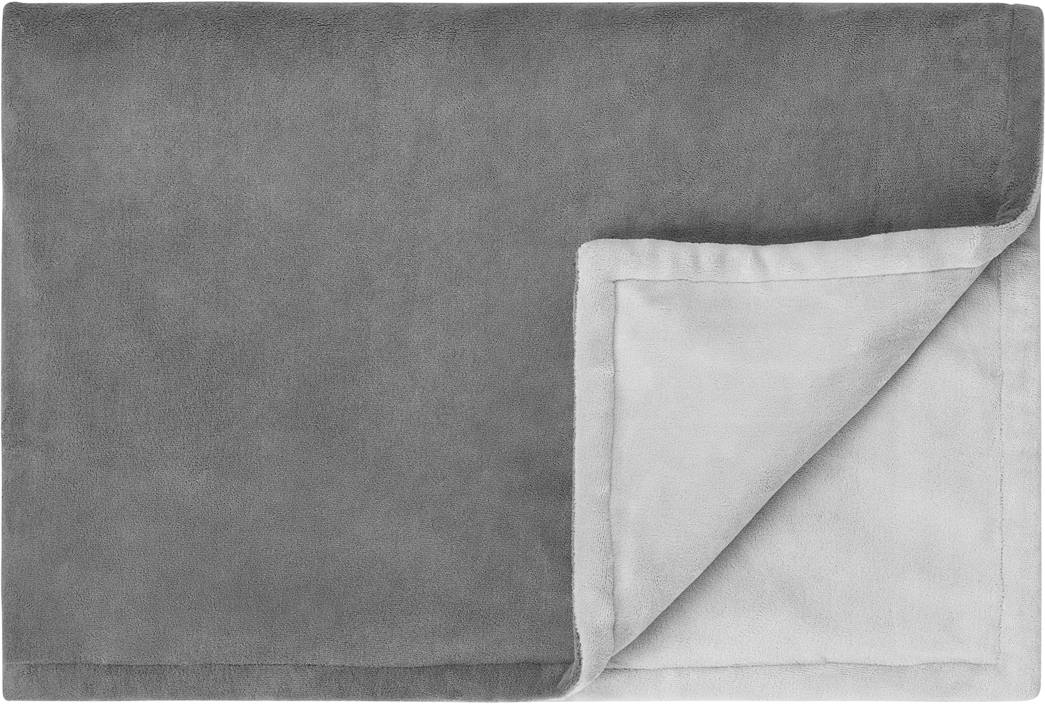 A gray, folded blanket with a lighter gray inside. The blanket is on a white surface.