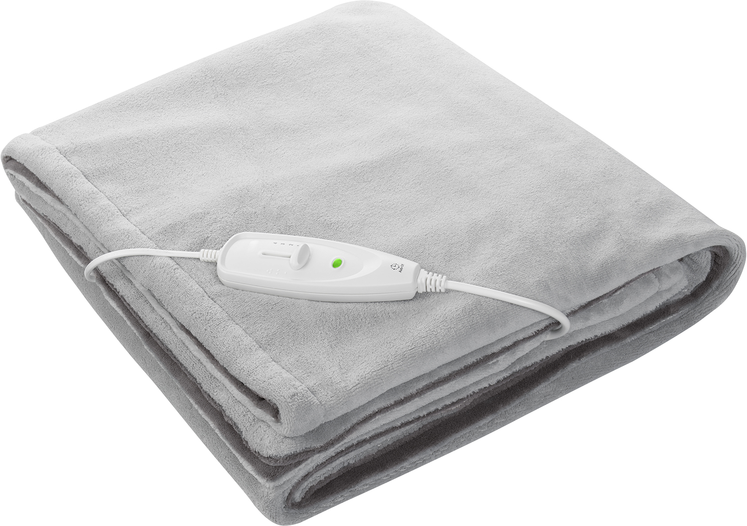 Folded gray electric heating blanket with a control panel. The panel shows a green light and dial.