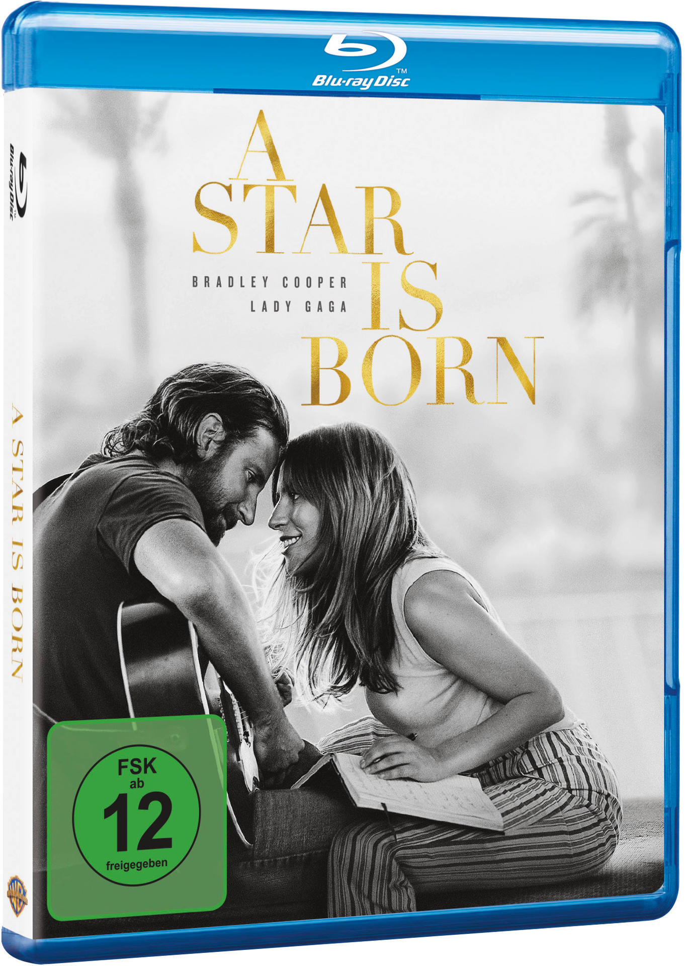 Blu-ray-Disc-Hülle. Ein Paar umarmt sich, der Filmtitel: A Star Is Born; goldener Text, blaues Gehäuse.