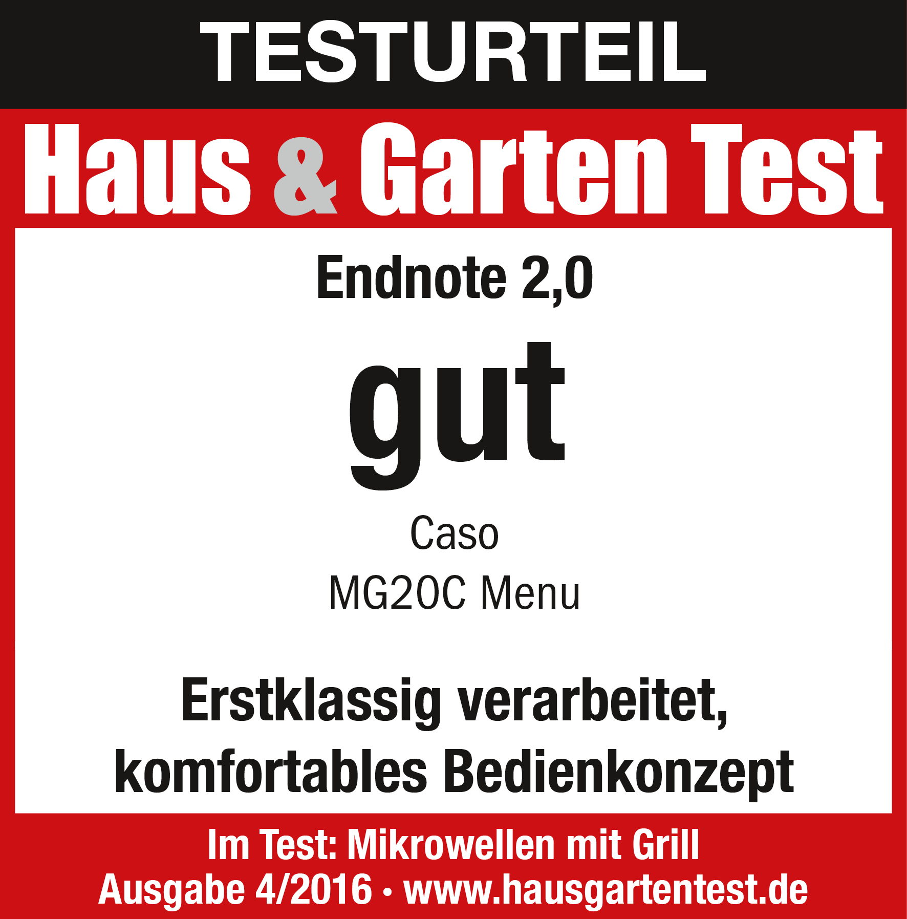 Testbericht mit Text. Er hat das Wort 'gut' in großen Buchstaben. Weißer Hintergrund.