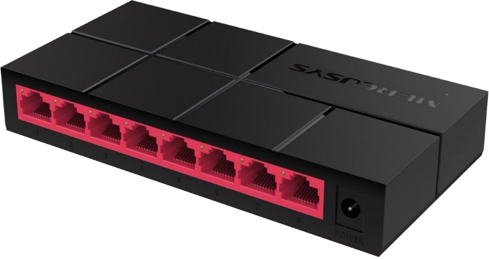 Fekete MERCUSYS hálózati switch, piros portokkal.