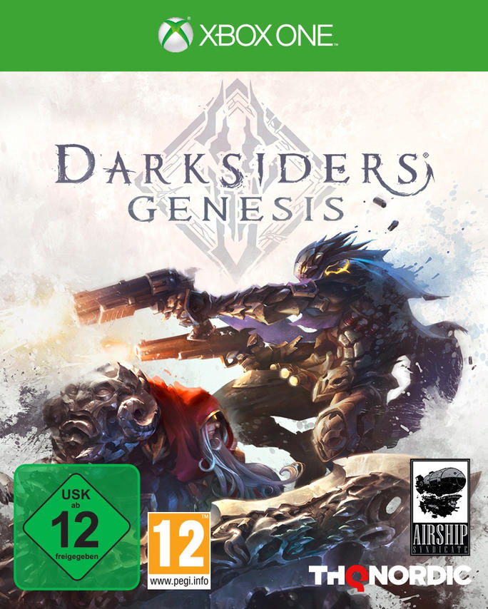 Darksiders Genesis-Spielcover. Krieger mit Waffe und Kreatur. Verschneiter Hintergrund.