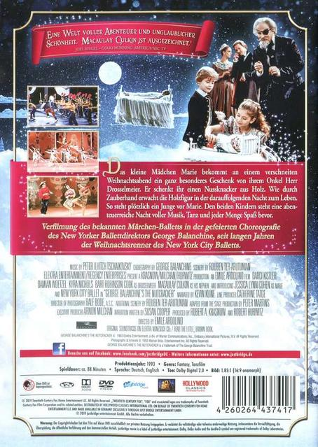 Rückseite einer DVD-Hülle mit Text auf Deutsch. Bilder von Darstellern und dem Nussknacker-Ballett.