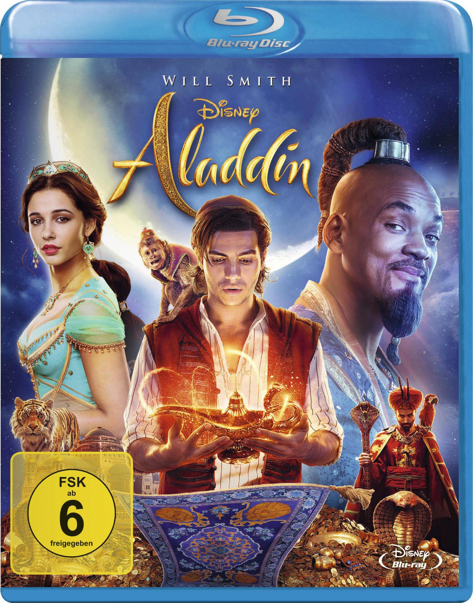 Aladdin Blu-Ray-Cover. Zeigt Aladdin, Jasmin, Dschinni und Dschafar. Goldener Titel auf blauem Hintergrund. Disney-Logo unten.