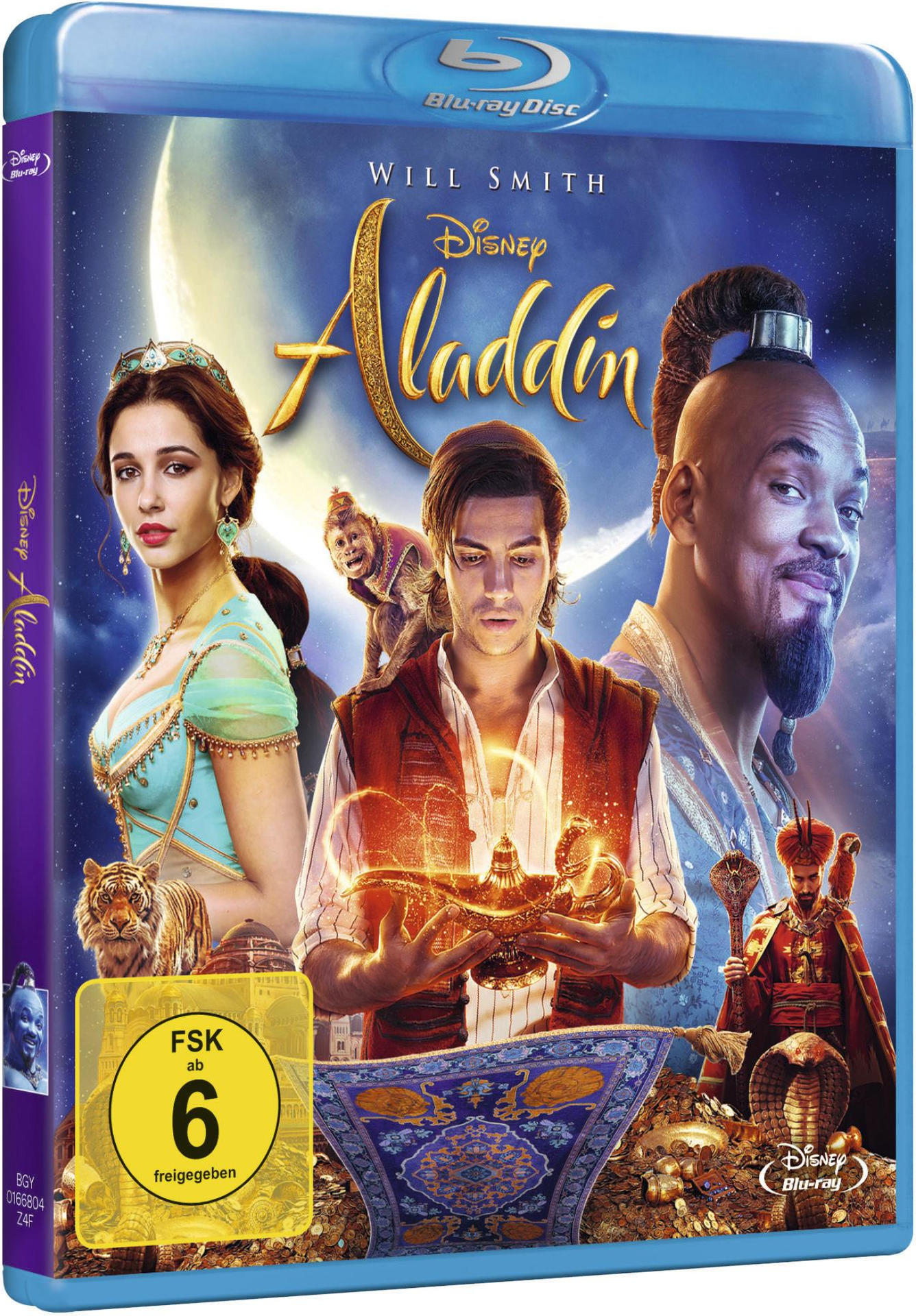 Aladdin Blu-ray-Cover mit Will Smith, Naomi Scott und Mena Massoud. Der Filmtitel ist in goldenen Buchstaben.