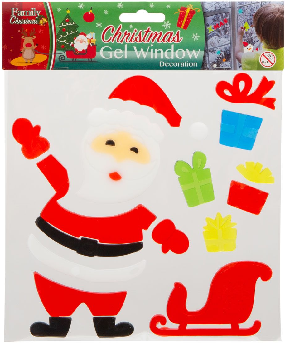 Karácsonyi gél ablakdíszek. Mikulást, ajándékokat és szánt is tartalmaz.