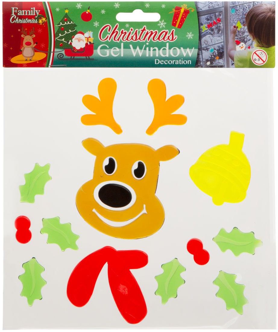 Karácsonyi gél ablakdíszek. Egy rénszarvas, harang és magyal levelek láthatók.