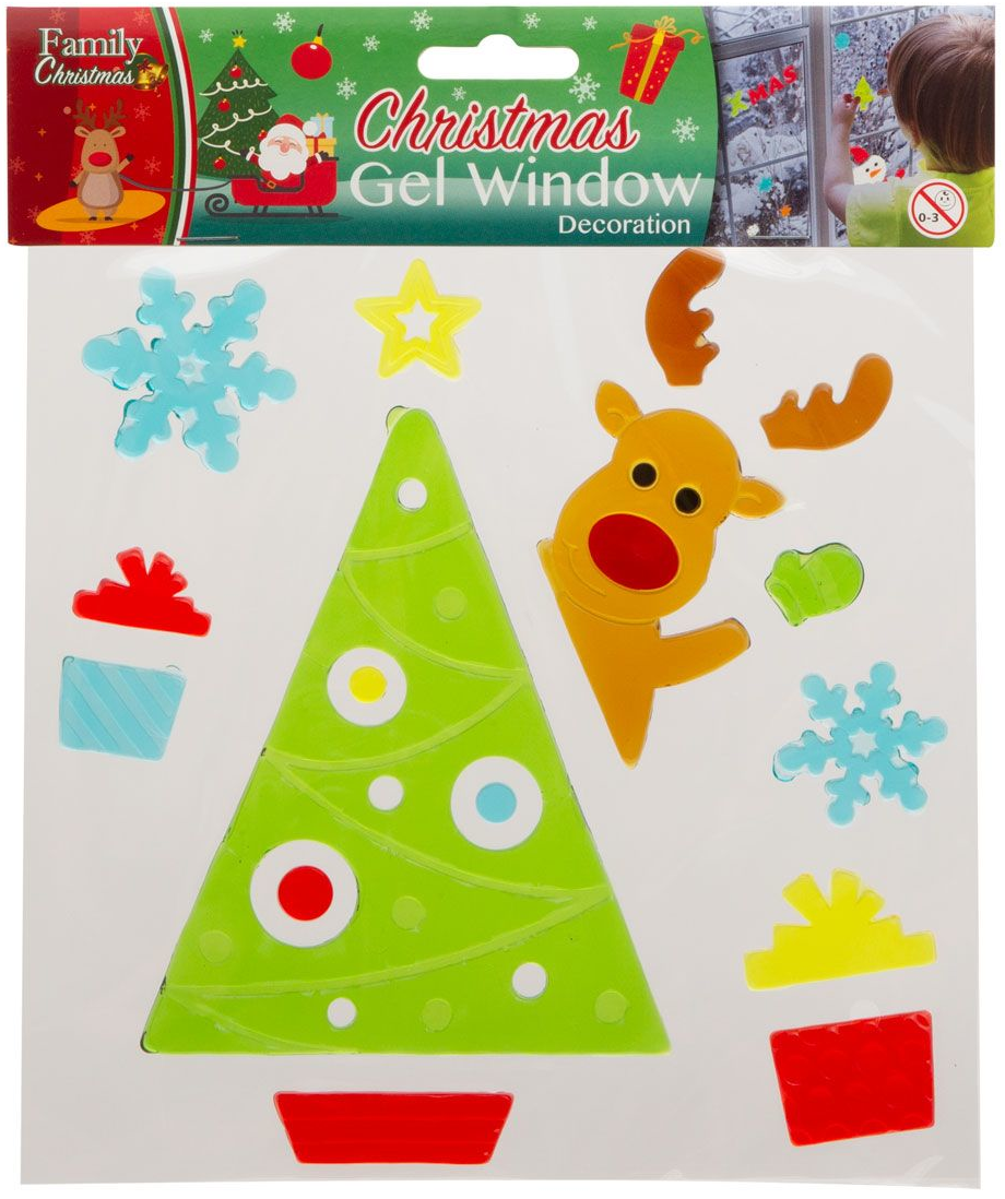 Karácsonyi zselés ablakdíszek. Zöld fát, rénszarvasokat, hópelyheket és ajándékdobozokat tartalmaz.