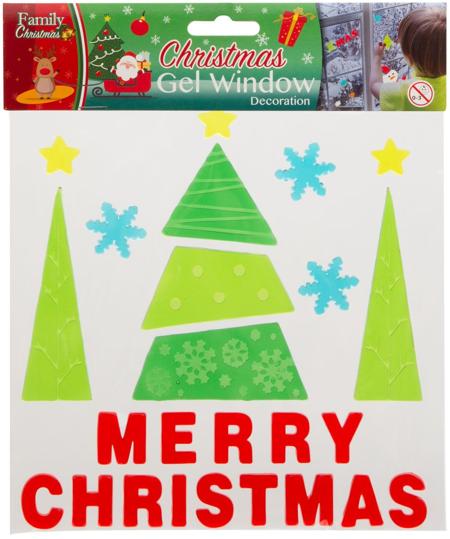 Karácsonyi gél ablakdíszek zöld fákkal, hópelyhekkel, csillagokkal és piros szöveggel.