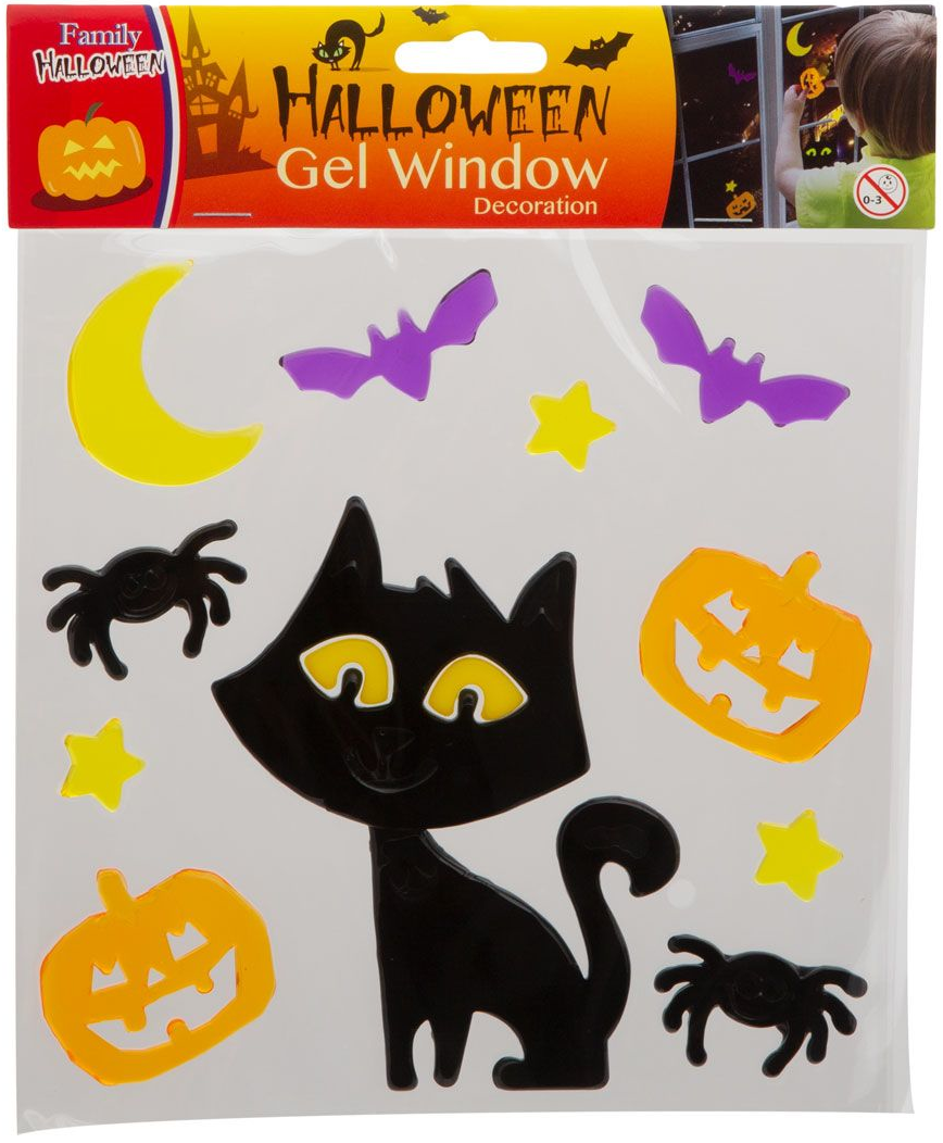 Halloween ablakdíszek. Fekete macska, tökök, pókok, csillagok, denevérek és hold.