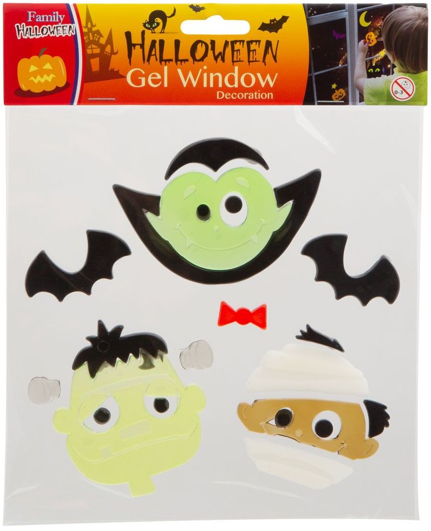 Halloween ablakgél dekorációk vámpír, Frankenstein és múmia formájában.