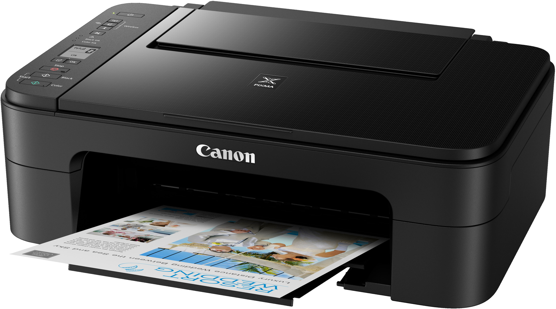 Schwarzer Canon-Drucker mit einem gedruckten Hochzeits-Einladungsblatt.