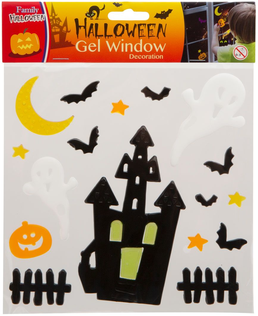 Halloween zselés ablakdíszek lapja. Denevéreket, szellemeket és tököt tartalmaz.