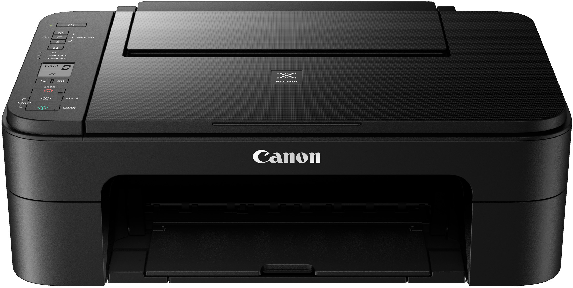 Ein schwarzer Canon-Drucker mit geöffnetem oberem Fach. Das Canon-Logo ist sichtbar.