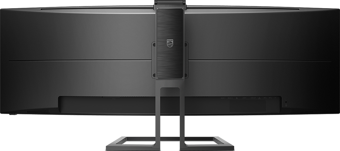 Vista posteriore di un monitor ultrawide nero con supporto Philips su sfondo nero.
