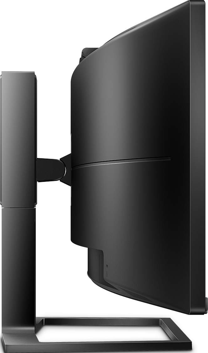 Vista laterale di un monitor per computer nero curvo su supporto regolabile con sfondo nero.