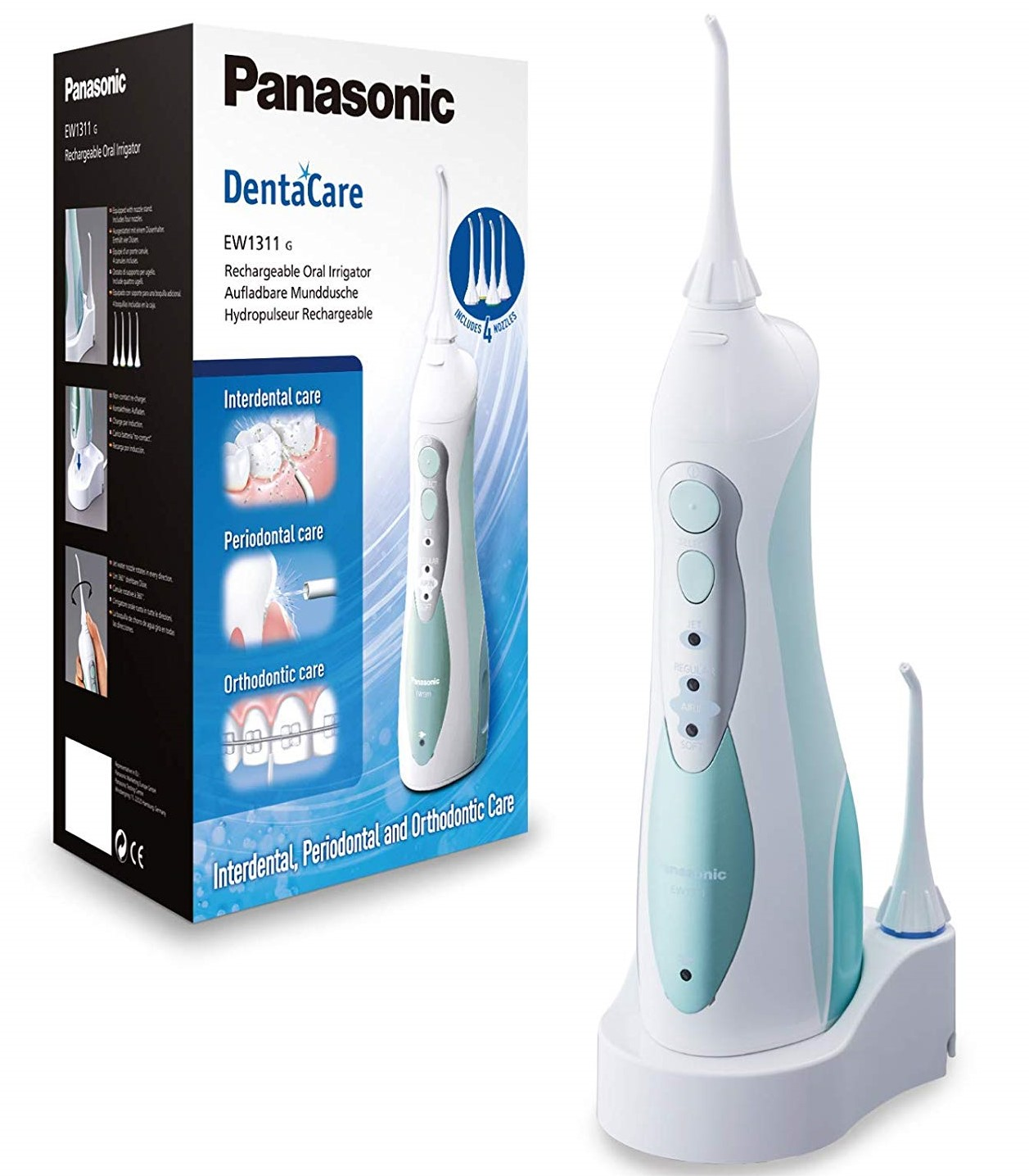 Panasonic DentaCare Munddusche Box und Gerät. Weiß und blau.