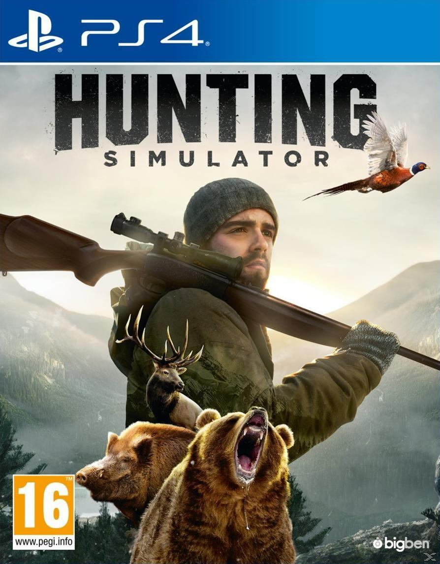 Portada del juego Hunting Simulator. Presenta a un hombre con un rifle, animales y un fondo montañoso.