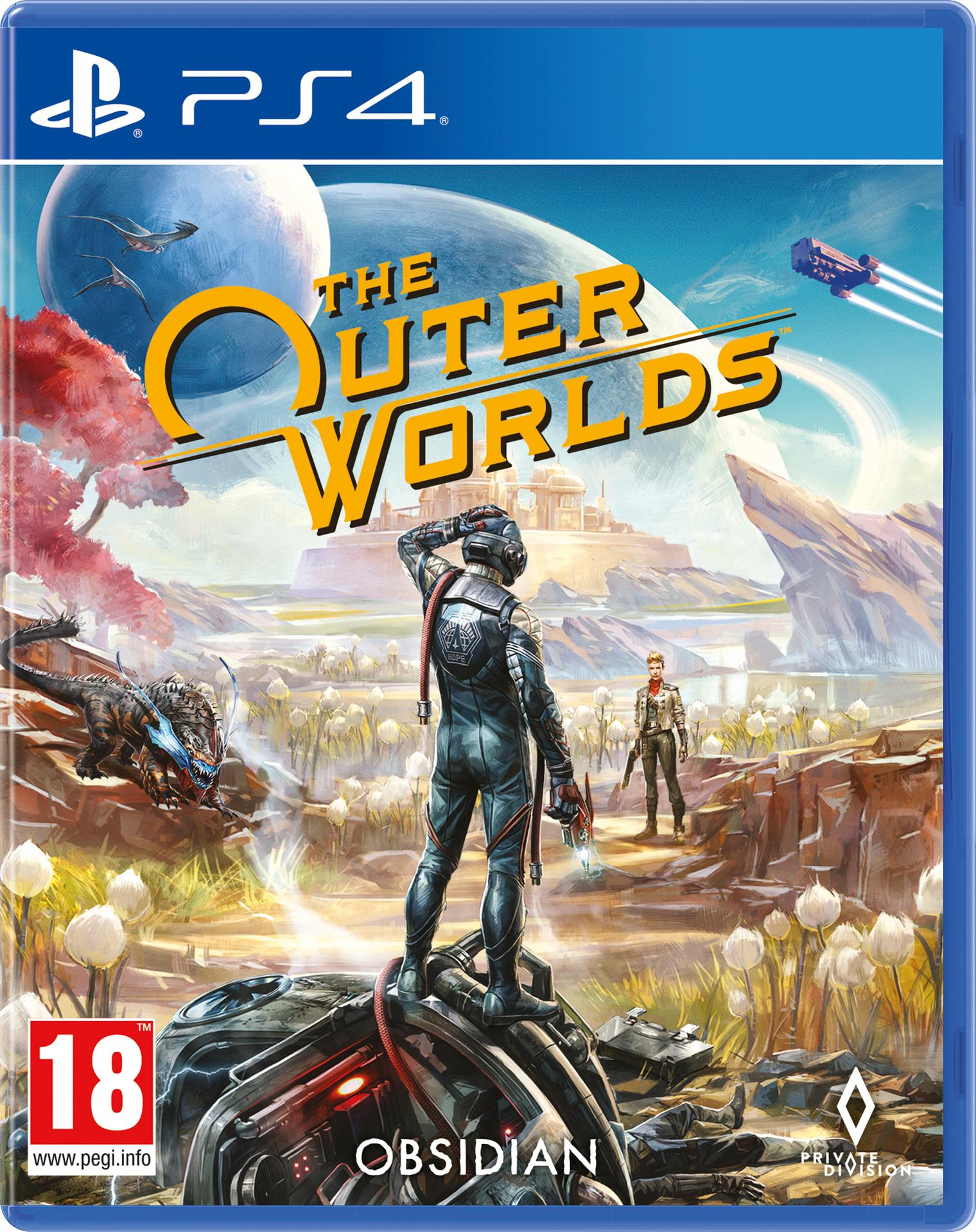 Játékborító: The Outer Worlds, figura egy bolygón, karakterekkel és űrhajóval.