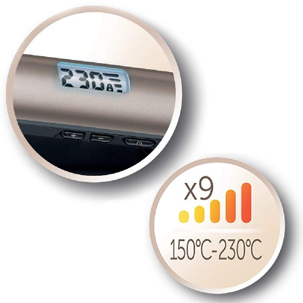 Primer plano de una plancha para el cabello con una pantalla digital que muestra 230°C y una guía de ajuste de temperatura.