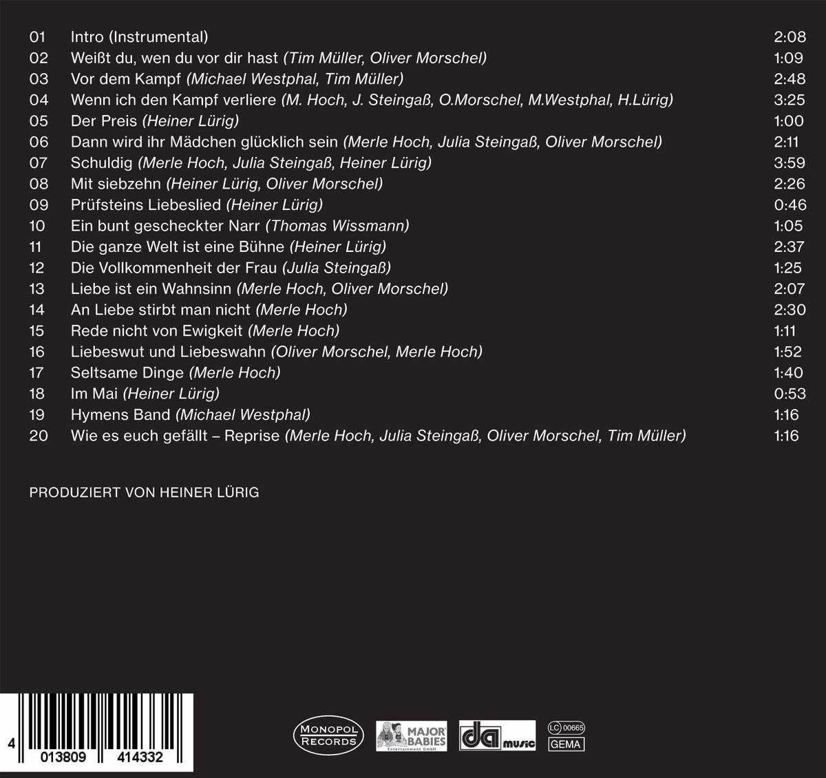 Rückseite einer CD mit Titelliste und Albumdetails. Der Text ist auf Deutsch.