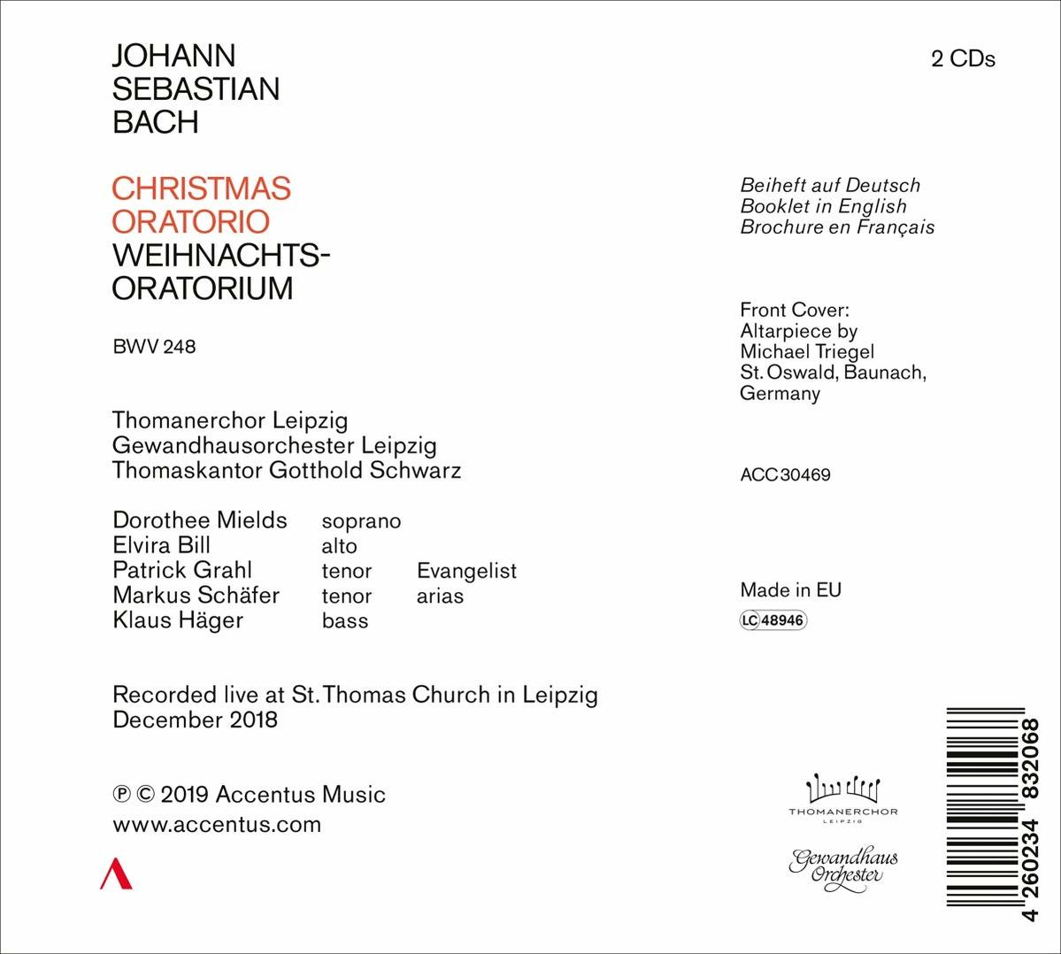 CD-Cover mit Text: Weihnachtsoratorium von J.S. Bach. Außerdem Aufnahme-Details und Namen.