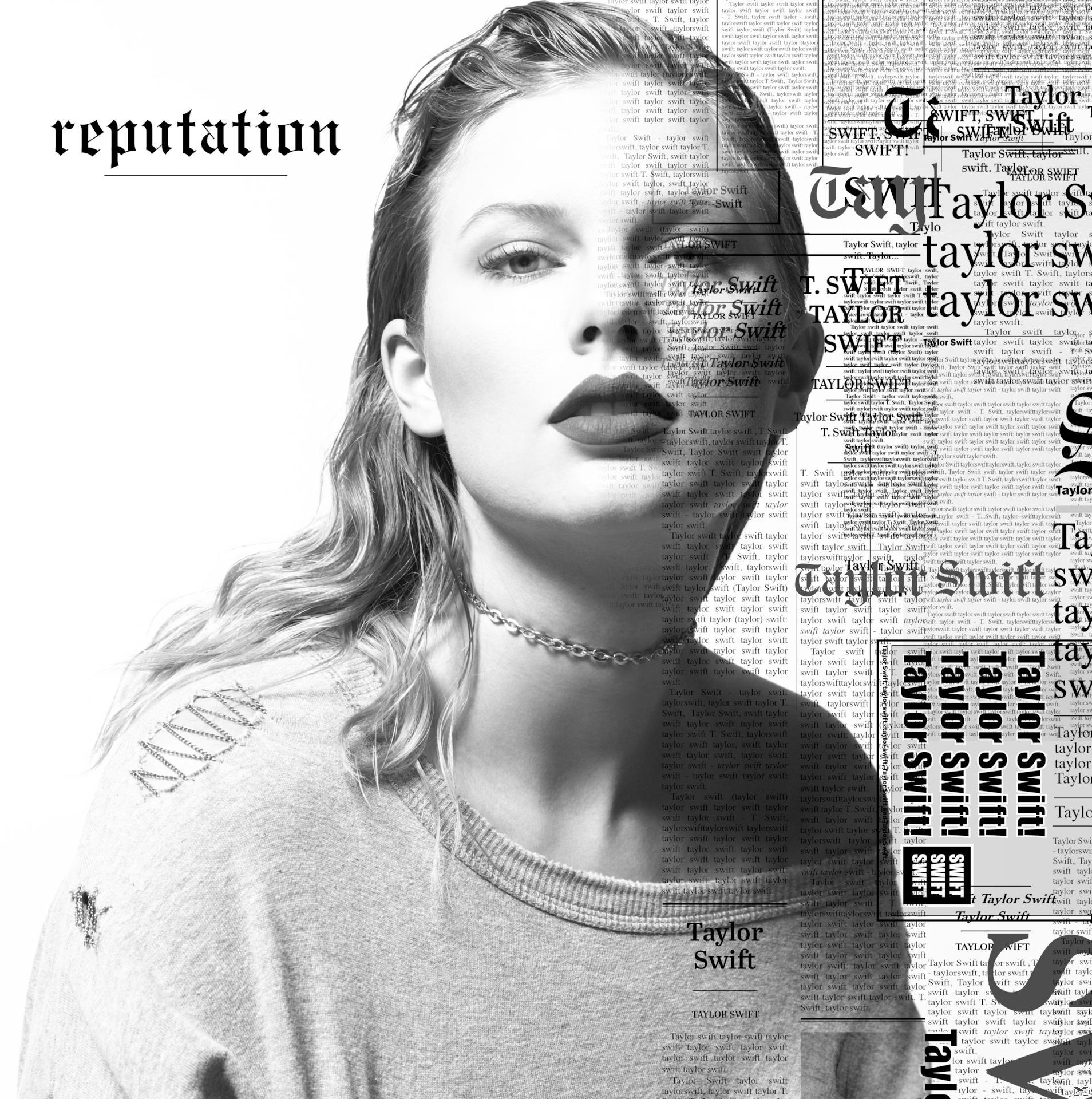 Taylor Swift album borítója, fekete-fehér, arcával, szöveg overlay-vel és újságpapír háttérrel.